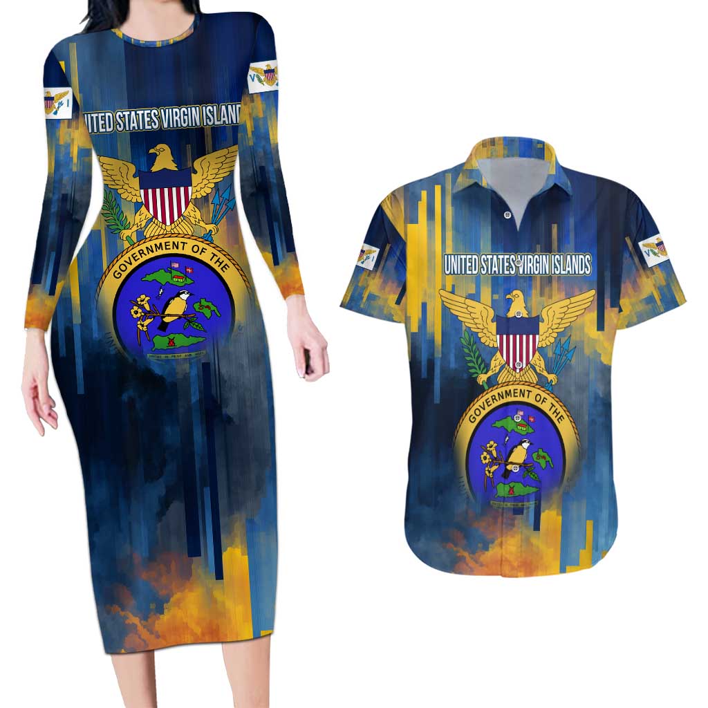 United States Virgin Islands Couples Matching Long Sleeve Bodycon Dress and Hawaiian Shirt with Blue Yellow Government Seal Design and Bald Eagle - Wonder Print Shop
