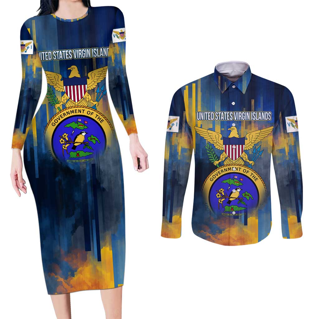 United States Virgin Islands Couples Matching Long Sleeve Bodycon Dress and Long Sleeve Button Shirt with Blue Yellow Government Seal Design and Bald Eagle - Wonder Print Shop