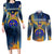 United States Virgin Islands Couples Matching Long Sleeve Bodycon Dress and Long Sleeve Button Shirt with Blue Yellow Government Seal Design and Bald Eagle - Wonder Print Shop