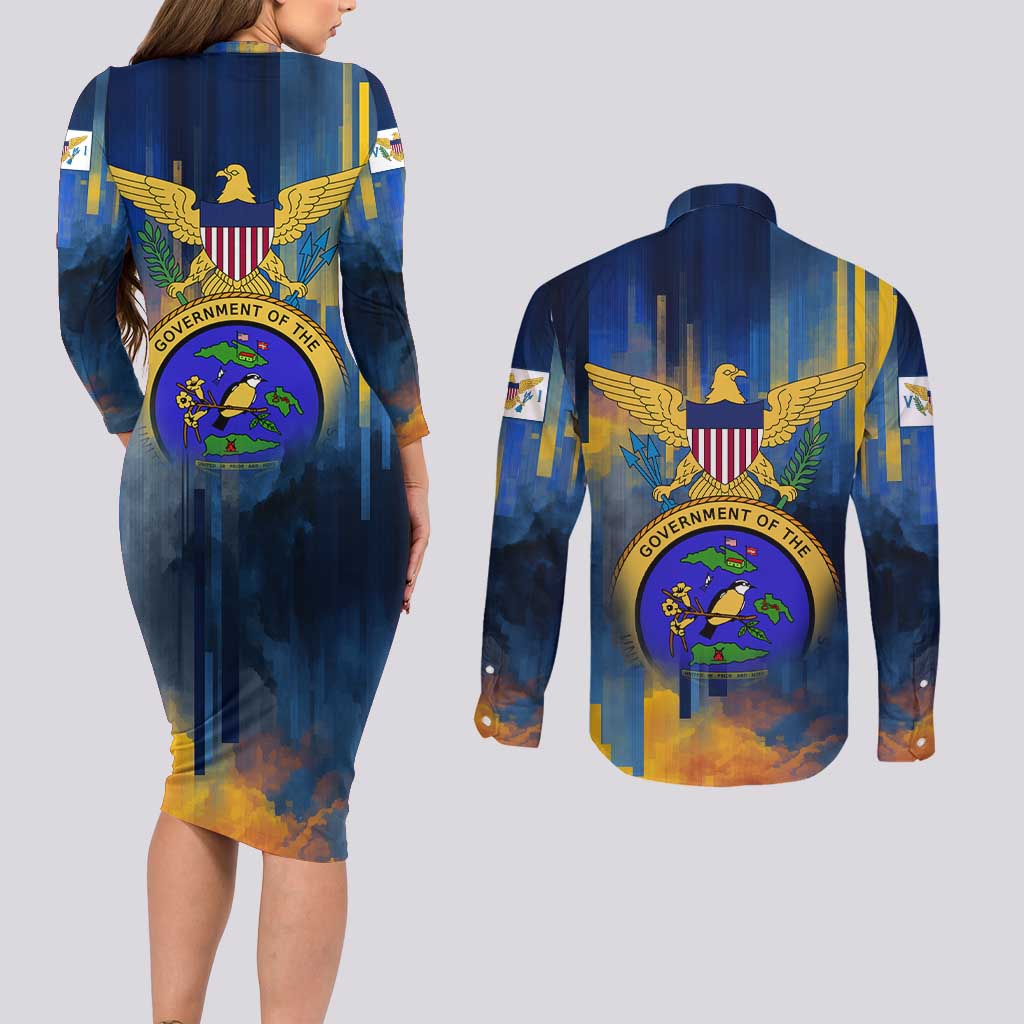 United States Virgin Islands Couples Matching Long Sleeve Bodycon Dress and Long Sleeve Button Shirt with Blue Yellow Government Seal Design and Bald Eagle - Wonder Print Shop