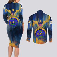 United States Virgin Islands Couples Matching Long Sleeve Bodycon Dress and Long Sleeve Button Shirt with Blue Yellow Government Seal Design and Bald Eagle - Wonder Print Shop