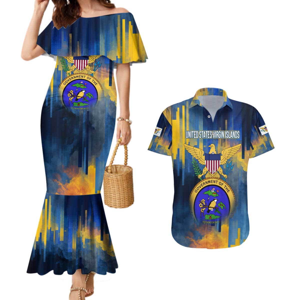 United States Virgin Islands Couples Matching Mermaid Dress and Hawaiian Shirt with Blue Yellow Government Seal Design and Bald Eagle - Wonder Print Shop