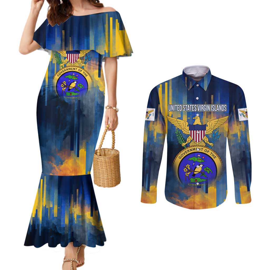 United States Virgin Islands Couples Matching Mermaid Dress and Long Sleeve Button Shirt with Blue Yellow Government Seal Design and Bald Eagle - Wonder Print Shop