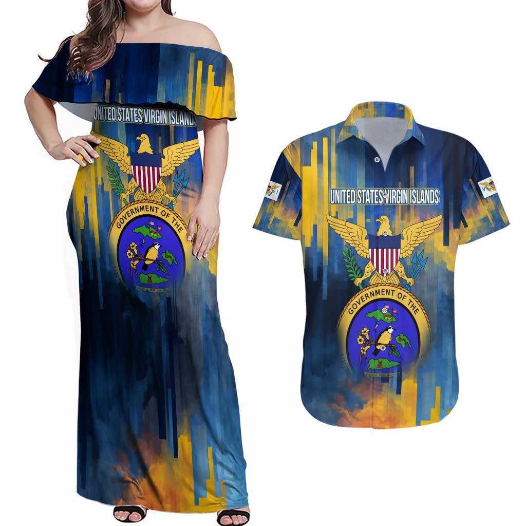 United States Virgin Islands Couples Matching Off Shoulder Maxi Dress and Hawaiian Shirt with Blue Yellow Government Seal Design and Bald Eagle - Wonder Print Shop