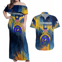 United States Virgin Islands Couples Matching Off Shoulder Maxi Dress and Hawaiian Shirt with Blue Yellow Government Seal Design and Bald Eagle - Wonder Print Shop