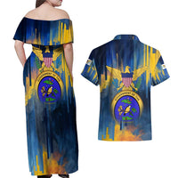 United States Virgin Islands Couples Matching Off Shoulder Maxi Dress and Hawaiian Shirt with Blue Yellow Government Seal Design and Bald Eagle - Wonder Print Shop