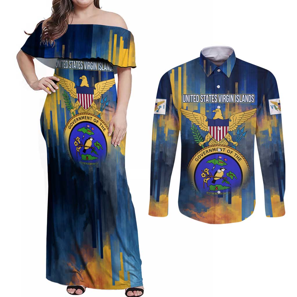 United States Virgin Islands Couples Matching Off Shoulder Maxi Dress and Long Sleeve Button Shirt with Blue Yellow Government Seal Design and Bald Eagle - Wonder Print Shop