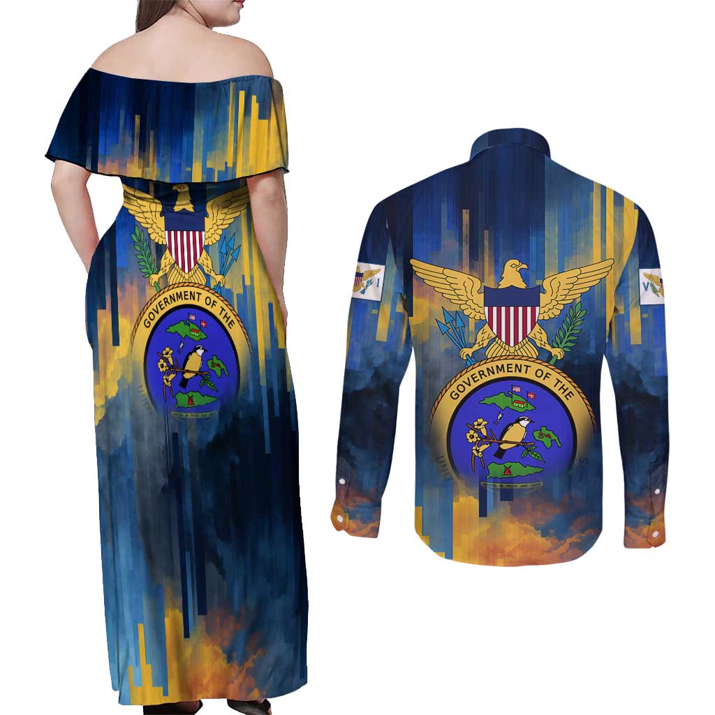 United States Virgin Islands Couples Matching Off Shoulder Maxi Dress and Long Sleeve Button Shirt with Blue Yellow Government Seal Design and Bald Eagle - Wonder Print Shop