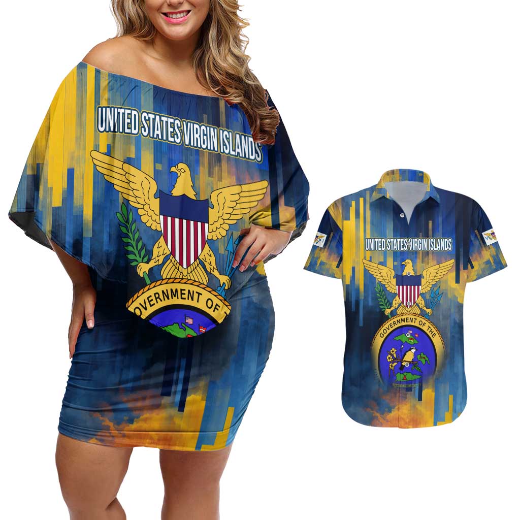 United States Virgin Islands Couples Matching Off Shoulder Short Dress and Hawaiian Shirt with Blue Yellow Government Seal Design and Bald Eagle - Wonder Print Shop