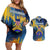 United States Virgin Islands Couples Matching Off Shoulder Short Dress and Hawaiian Shirt with Blue Yellow Government Seal Design and Bald Eagle - Wonder Print Shop