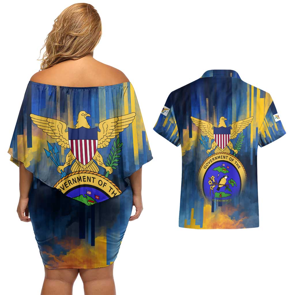 United States Virgin Islands Couples Matching Off Shoulder Short Dress and Hawaiian Shirt with Blue Yellow Government Seal Design and Bald Eagle - Wonder Print Shop