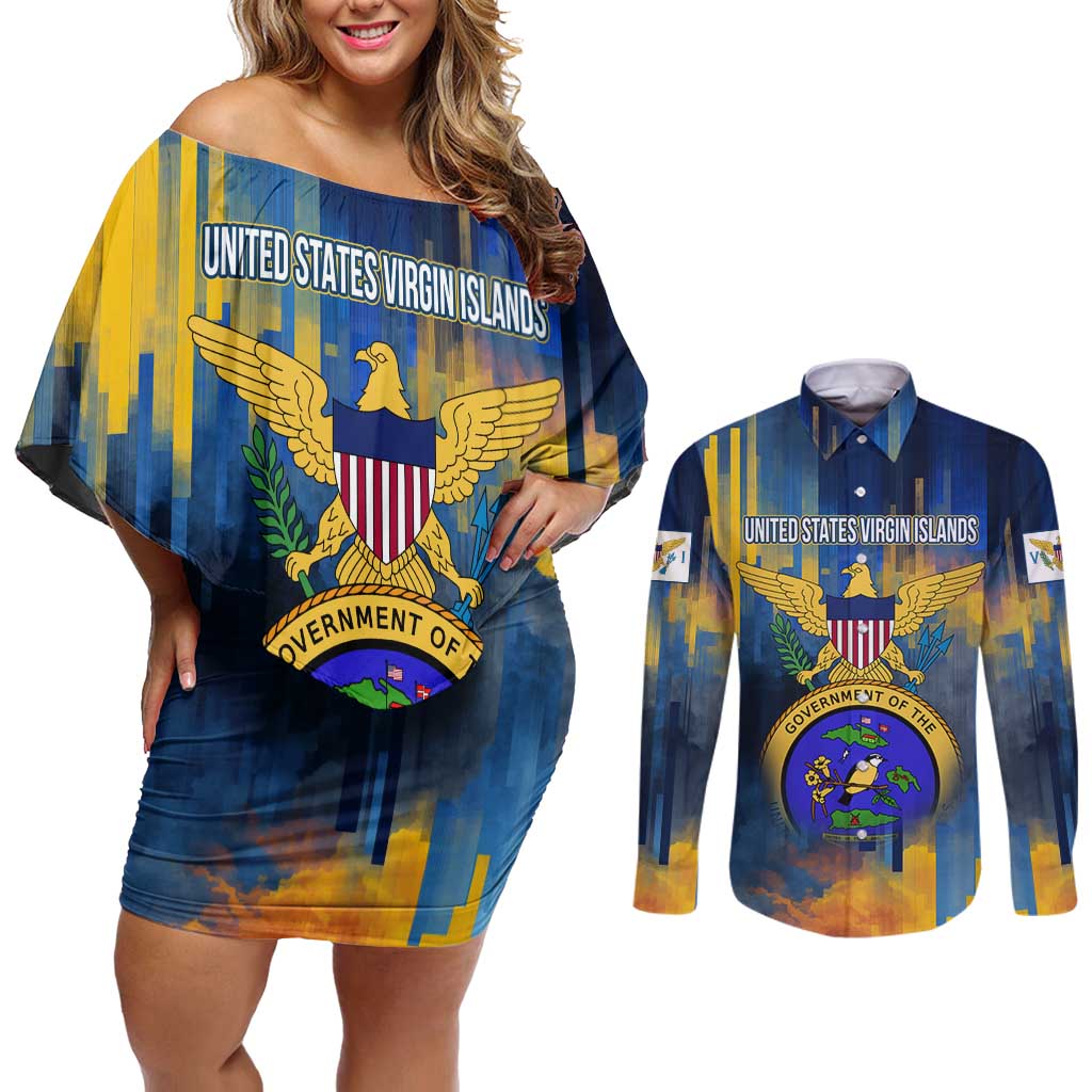 United States Virgin Islands Couples Matching Off Shoulder Short Dress and Long Sleeve Button Shirt with Blue Yellow Government Seal Design and Bald Eagle - Wonder Print Shop