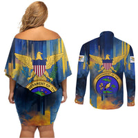 United States Virgin Islands Couples Matching Off Shoulder Short Dress and Long Sleeve Button Shirt with Blue Yellow Government Seal Design and Bald Eagle - Wonder Print Shop