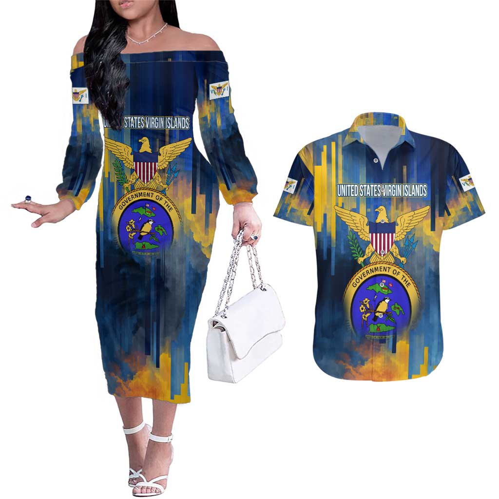 United States Virgin Islands Couples Matching Off The Shoulder Long Sleeve Dress and Hawaiian Shirt with Blue Yellow Government Seal Design and Bald Eagle - Wonder Print Shop