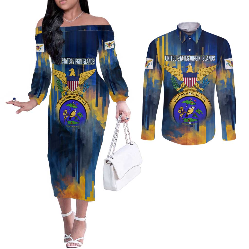 United States Virgin Islands Couples Matching Off The Shoulder Long Sleeve Dress and Long Sleeve Button Shirt with Blue Yellow Government Seal Design and Bald Eagle - Wonder Print Shop