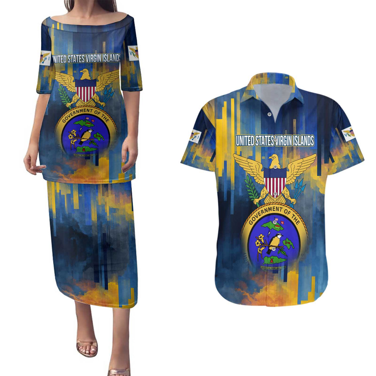 United States Virgin Islands Couples Matching Puletasi and Hawaiian Shirt with Blue Yellow Government Seal Design and Bald Eagle - Wonder Print Shop