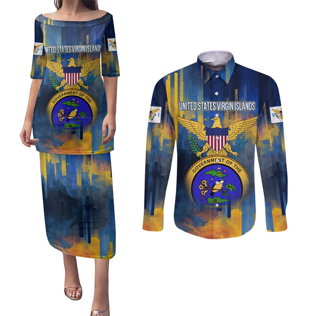 United States Virgin Islands Couples Matching Puletasi and Long Sleeve Button Shirt with Blue Yellow Government Seal Design and Bald Eagle - Wonder Print Shop