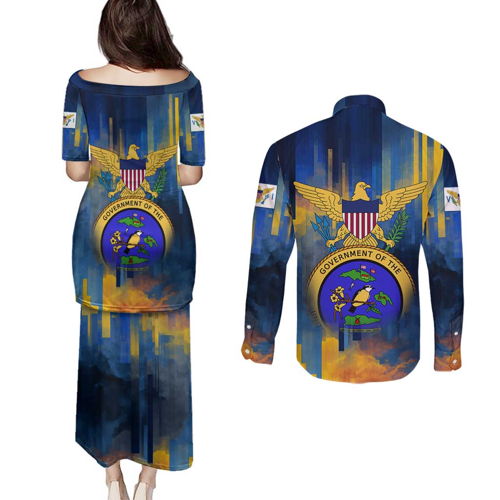 United States Virgin Islands Couples Matching Puletasi and Long Sleeve Button Shirt with Blue Yellow Government Seal Design and Bald Eagle - Wonder Print Shop