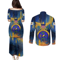 United States Virgin Islands Couples Matching Puletasi and Long Sleeve Button Shirt with Blue Yellow Government Seal Design and Bald Eagle - Wonder Print Shop