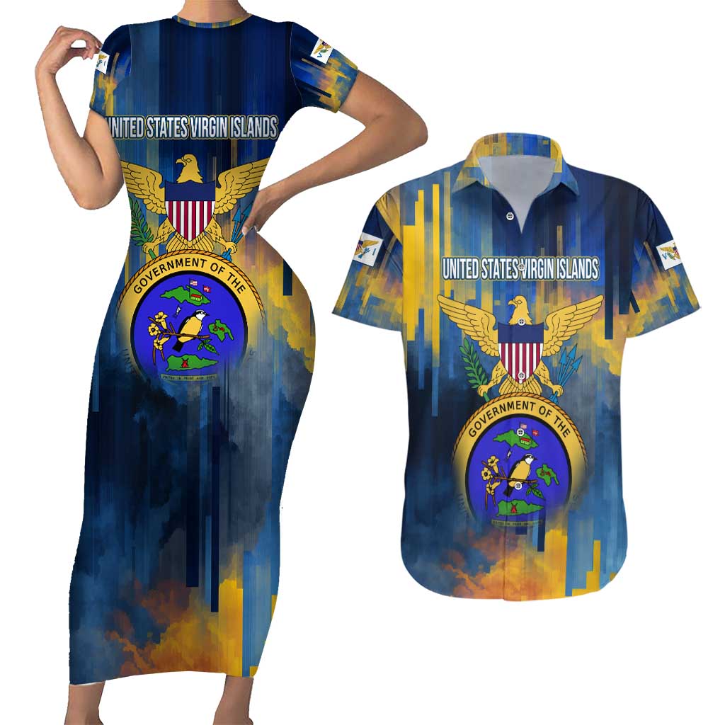 United States Virgin Islands Couples Matching Short Sleeve Bodycon Dress and Hawaiian Shirt with Blue Yellow Government Seal Design and Bald Eagle - Wonder Print Shop
