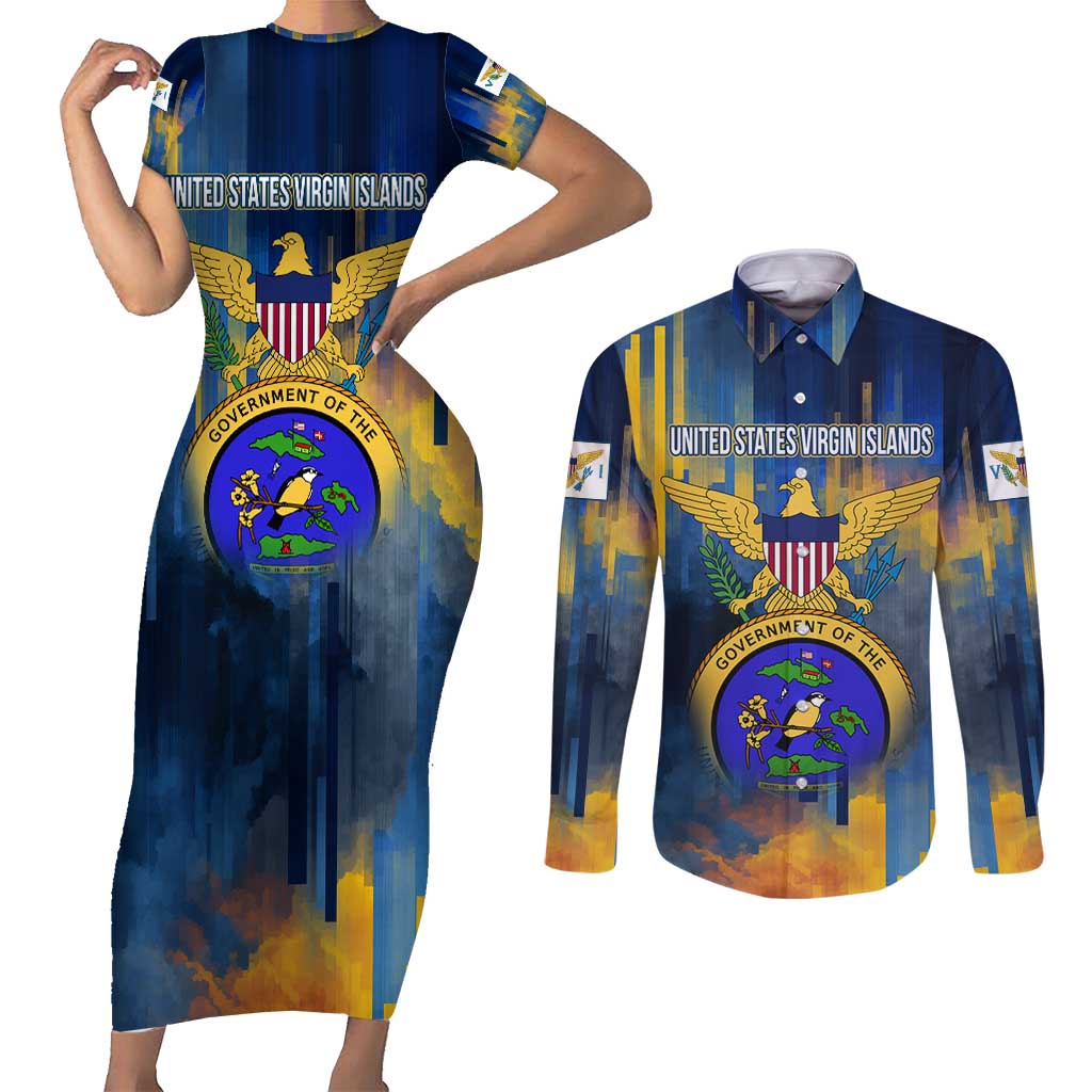 United States Virgin Islands Couples Matching Short Sleeve Bodycon Dress and Long Sleeve Button Shirt with Blue Yellow Government Seal Design and Bald Eagle - Wonder Print Shop