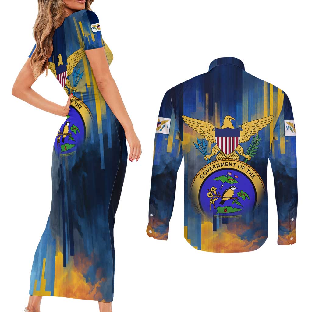 United States Virgin Islands Couples Matching Short Sleeve Bodycon Dress and Long Sleeve Button Shirt with Blue Yellow Government Seal Design and Bald Eagle - Wonder Print Shop