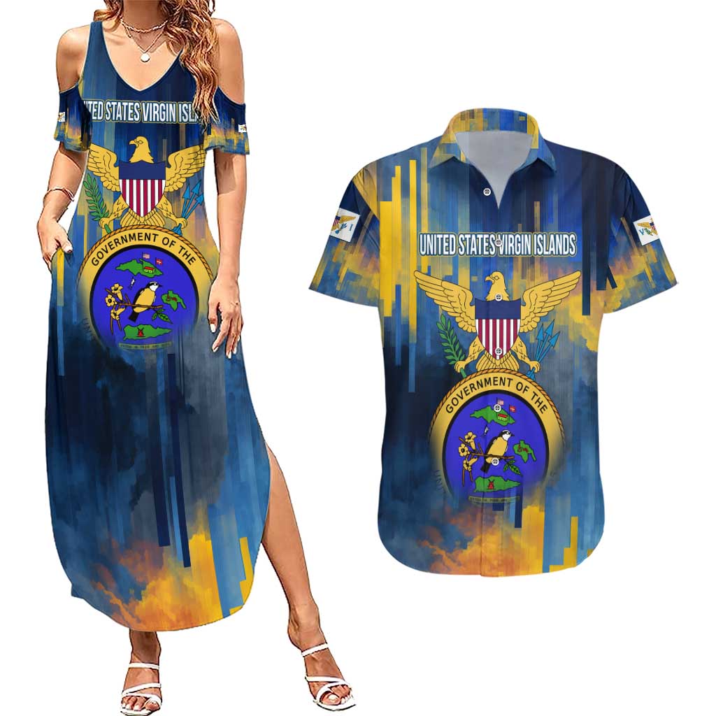 United States Virgin Islands Couples Matching Summer Maxi Dress and Hawaiian Shirt with Blue Yellow Government Seal Design and Bald Eagle - Wonder Print Shop