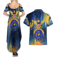 United States Virgin Islands Couples Matching Summer Maxi Dress and Hawaiian Shirt with Blue Yellow Government Seal Design and Bald Eagle - Wonder Print Shop