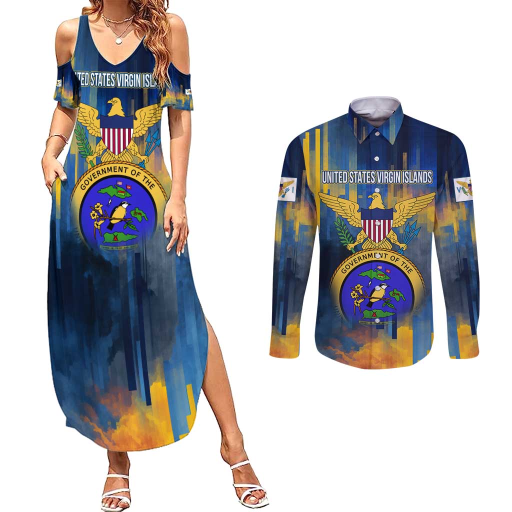 United States Virgin Islands Couples Matching Summer Maxi Dress and Long Sleeve Button Shirt with Blue Yellow Government Seal Design and Bald Eagle - Wonder Print Shop