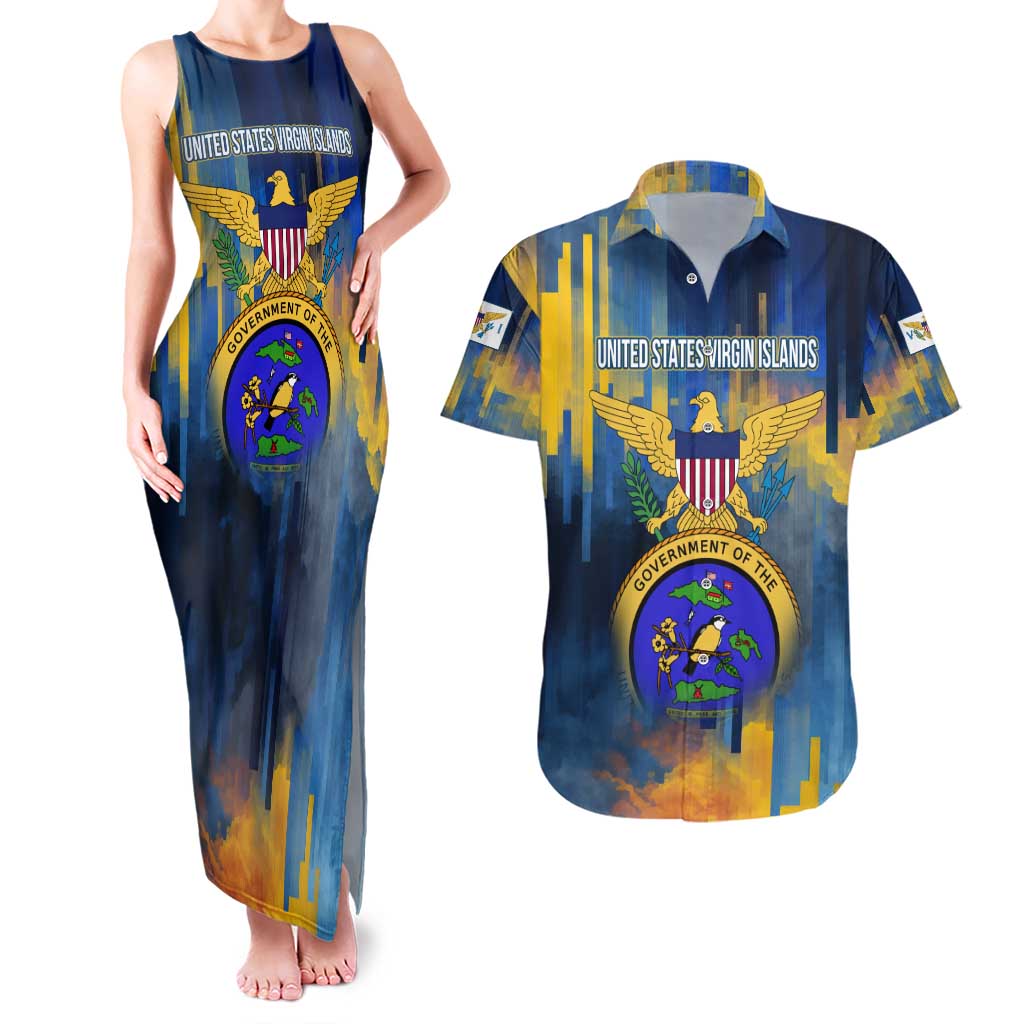 United States Virgin Islands Couples Matching Tank Maxi Dress and Hawaiian Shirt with Blue Yellow Government Seal Design and Bald Eagle - Wonder Print Shop
