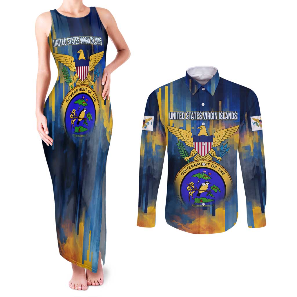 United States Virgin Islands Couples Matching Tank Maxi Dress and Long Sleeve Button Shirt with Blue Yellow Government Seal Design and Bald Eagle - Wonder Print Shop
