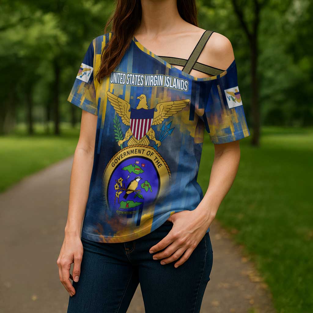 United States Virgin Islands Cross Shoulder Shirt with Blue Yellow Government Seal Design and Bald Eagle - Wonder Print Shop