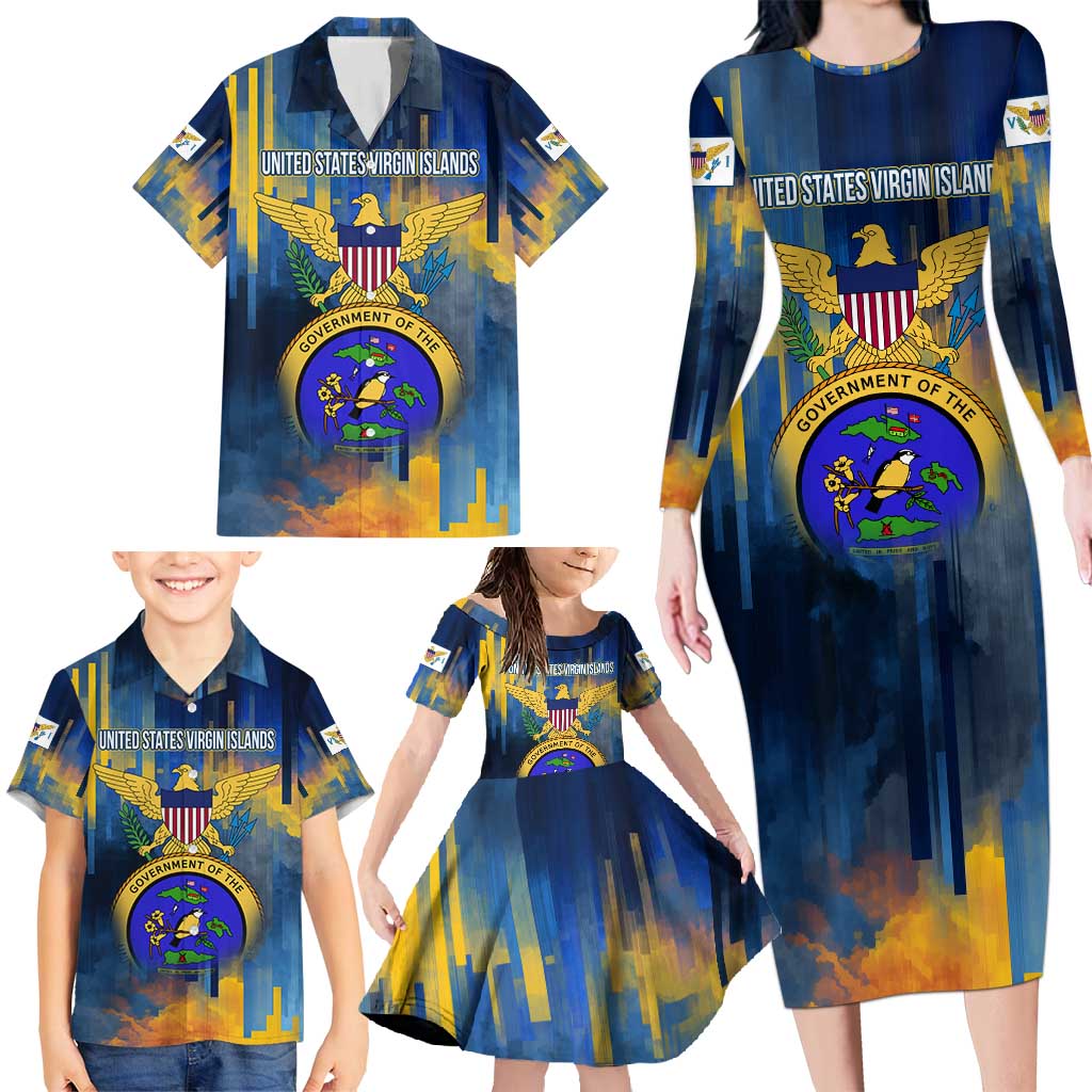 United States Virgin Islands Family Matching Long Sleeve Bodycon Dress and Hawaiian Shirt with Blue Yellow Government Seal Design and Bald Eagle - Wonder Print Shop