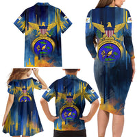 United States Virgin Islands Family Matching Long Sleeve Bodycon Dress and Hawaiian Shirt with Blue Yellow Government Seal Design and Bald Eagle - Wonder Print Shop