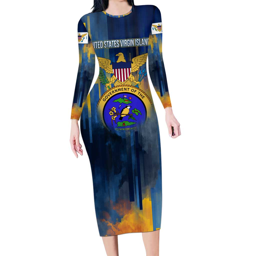 United States Virgin Islands Family Matching Long Sleeve Bodycon Dress and Hawaiian Shirt with Blue Yellow Government Seal Design and Bald Eagle - Wonder Print Shop