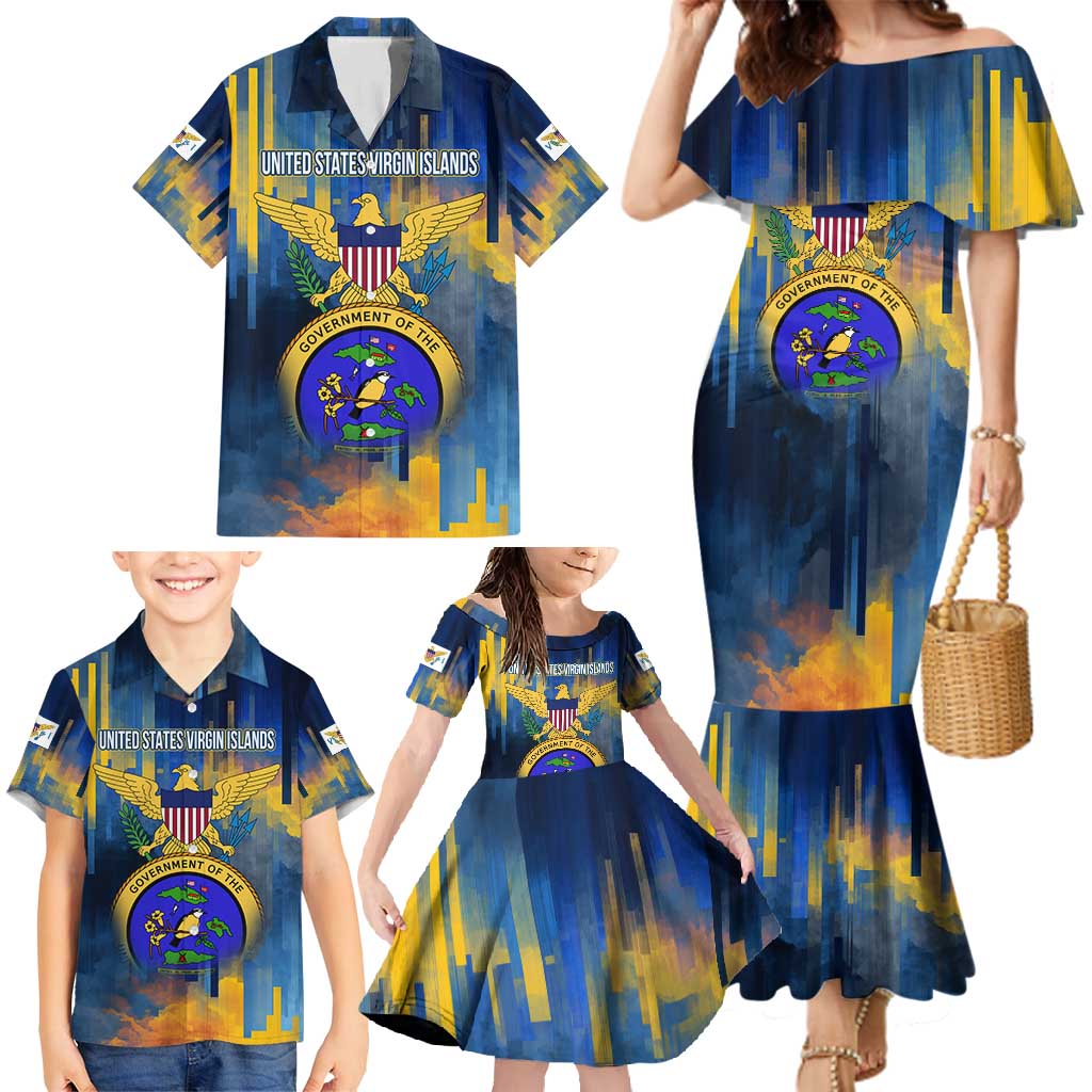 United States Virgin Islands Family Matching Mermaid Dress and Hawaiian Shirt with Blue Yellow Government Seal Design and Bald Eagle - Wonder Print Shop