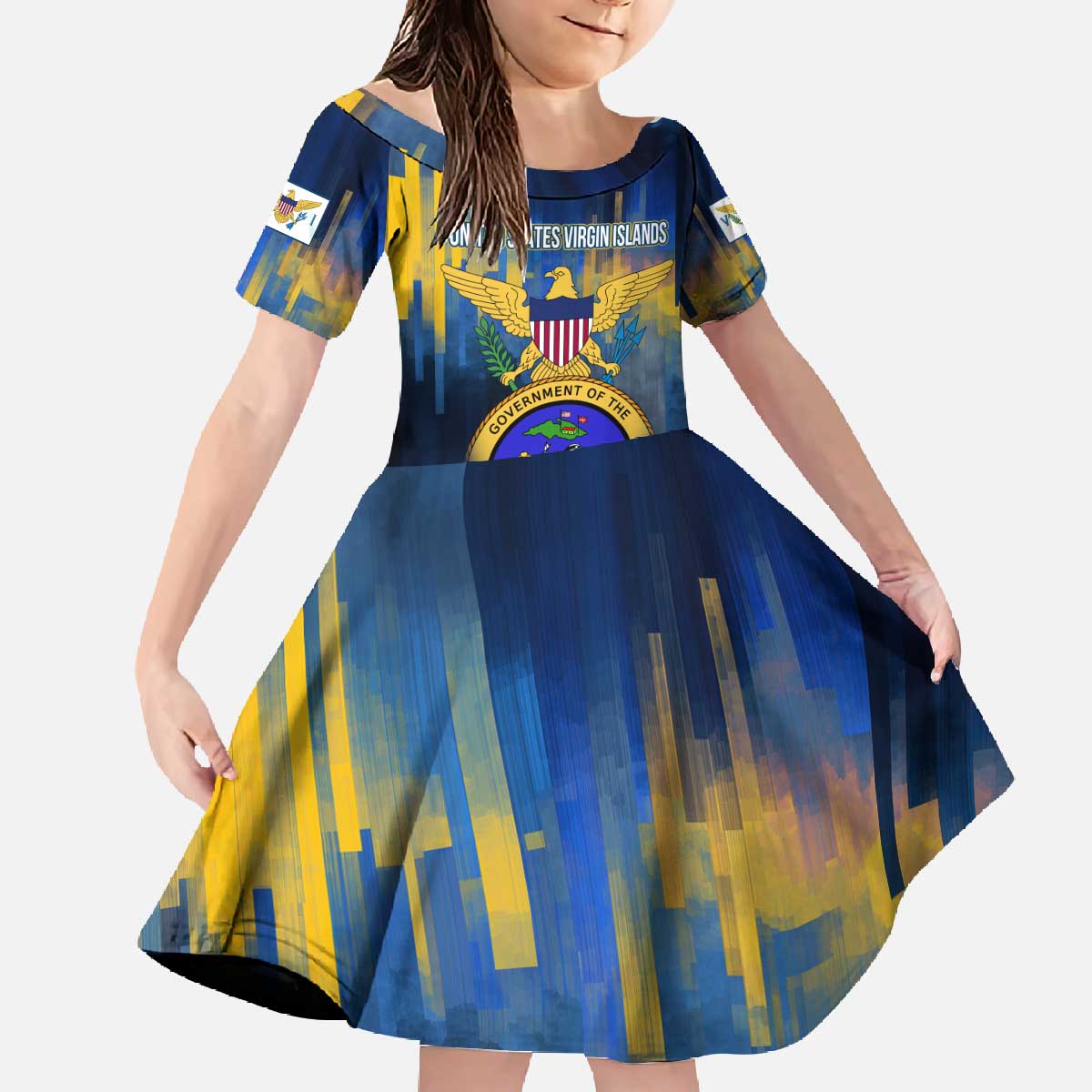 United States Virgin Islands Family Matching Off The Shoulder Long Sleeve Dress and Hawaiian Shirt with Blue Yellow Government Seal Design and Bald Eagle - Wonder Print Shop