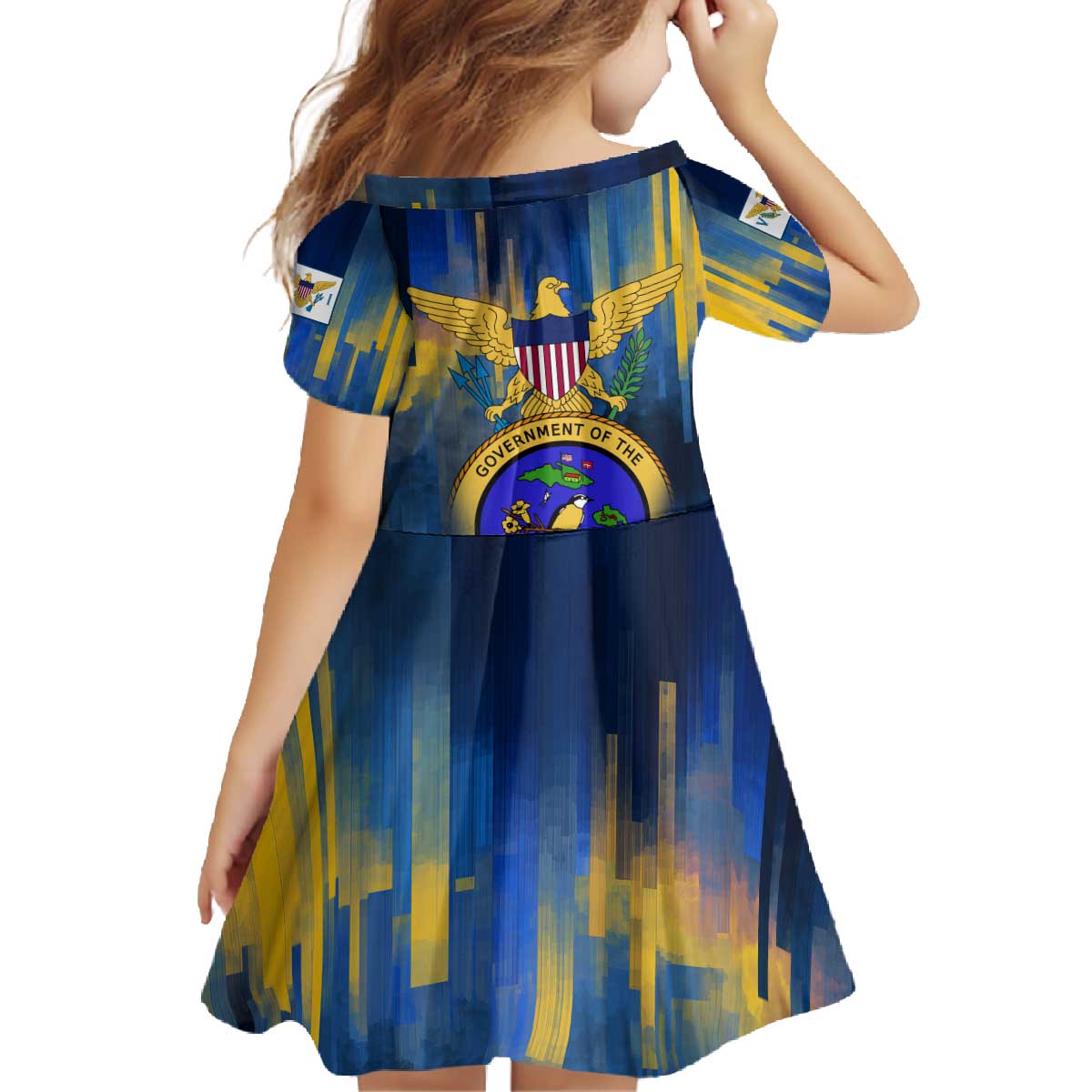 United States Virgin Islands Family Matching Off The Shoulder Long Sleeve Dress and Hawaiian Shirt with Blue Yellow Government Seal Design and Bald Eagle - Wonder Print Shop