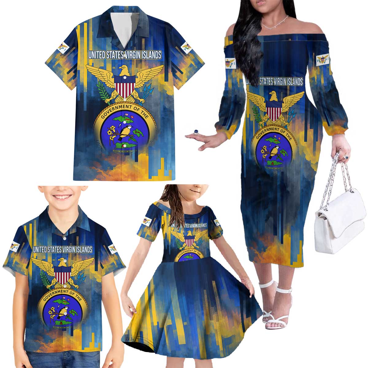 United States Virgin Islands Family Matching Off The Shoulder Long Sleeve Dress and Hawaiian Shirt with Blue Yellow Government Seal Design and Bald Eagle - Wonder Print Shop