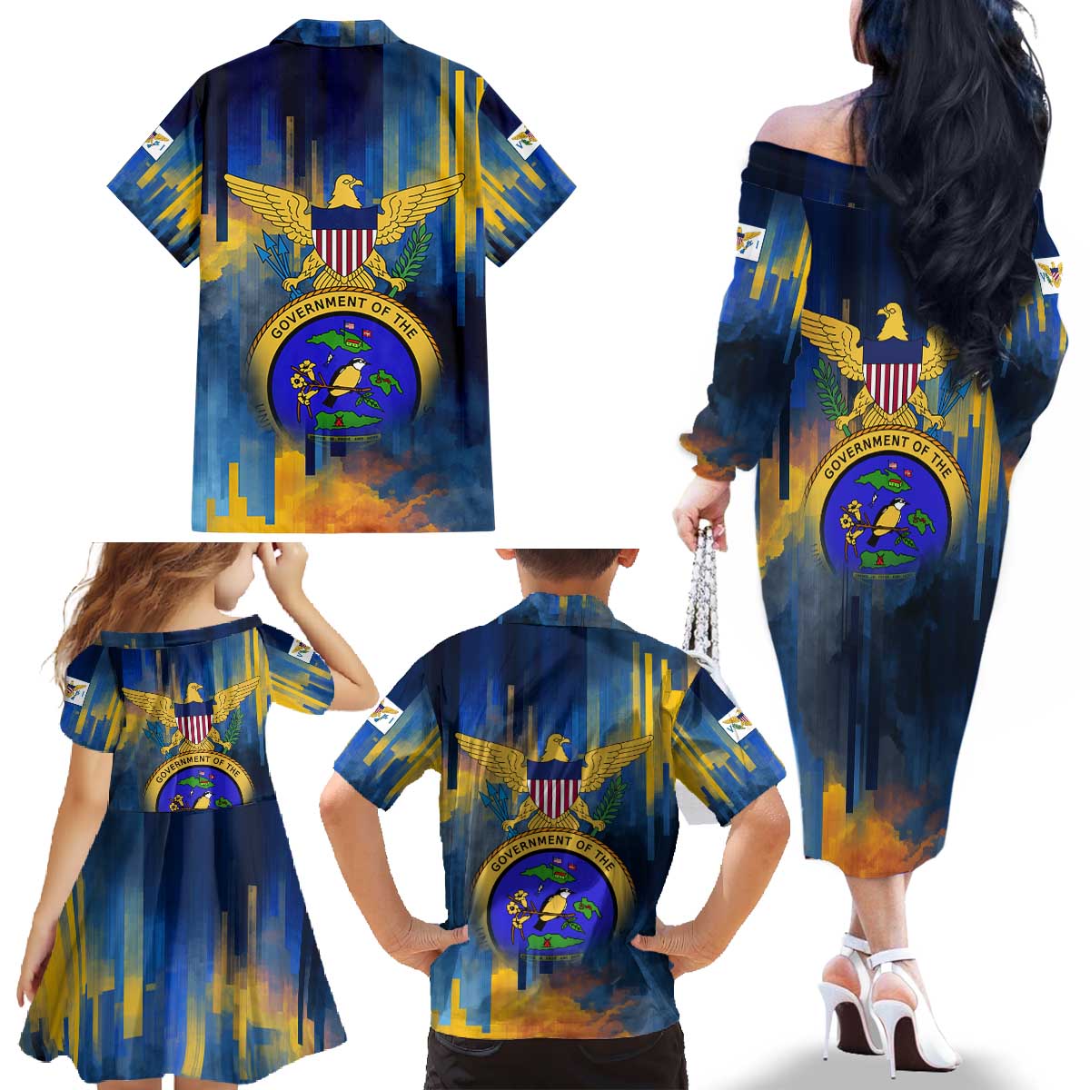United States Virgin Islands Family Matching Off The Shoulder Long Sleeve Dress and Hawaiian Shirt with Blue Yellow Government Seal Design and Bald Eagle - Wonder Print Shop
