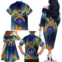 United States Virgin Islands Family Matching Off The Shoulder Long Sleeve Dress and Hawaiian Shirt with Blue Yellow Government Seal Design and Bald Eagle - Wonder Print Shop