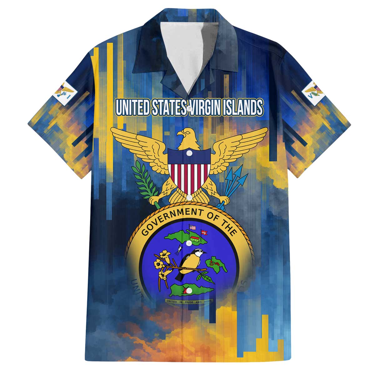 United States Virgin Islands Family Matching Off The Shoulder Long Sleeve Dress and Hawaiian Shirt with Blue Yellow Government Seal Design and Bald Eagle - Wonder Print Shop