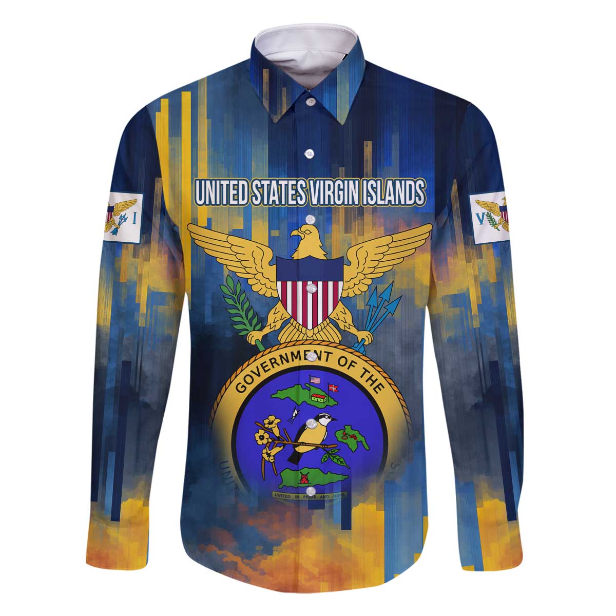 United States Virgin Islands Family Matching Off The Shoulder Long Sleeve Dress and Hawaiian Shirt with Blue Yellow Government Seal Design and Bald Eagle - Wonder Print Shop