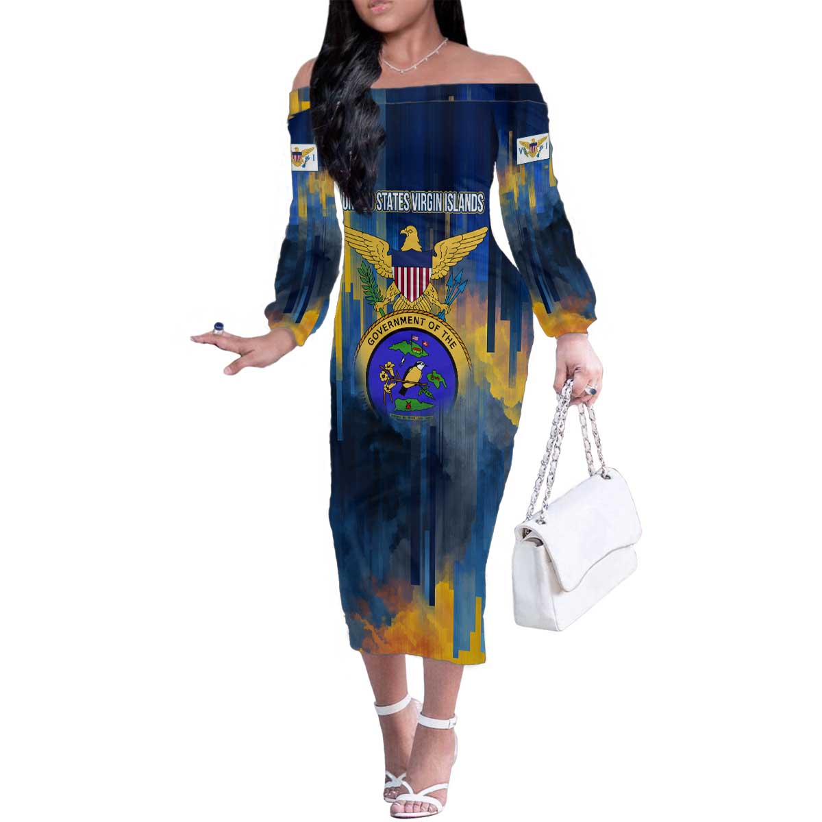 United States Virgin Islands Family Matching Off The Shoulder Long Sleeve Dress and Hawaiian Shirt with Blue Yellow Government Seal Design and Bald Eagle - Wonder Print Shop