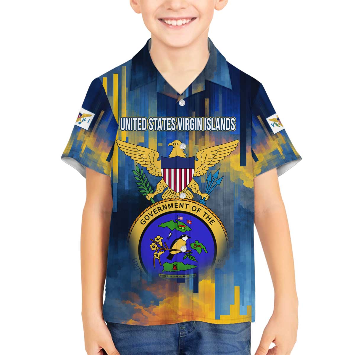 United States Virgin Islands Family Matching Off The Shoulder Long Sleeve Dress and Hawaiian Shirt with Blue Yellow Government Seal Design and Bald Eagle - Wonder Print Shop