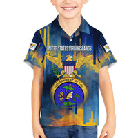 United States Virgin Islands Family Matching Off The Shoulder Long Sleeve Dress and Hawaiian Shirt with Blue Yellow Government Seal Design and Bald Eagle - Wonder Print Shop
