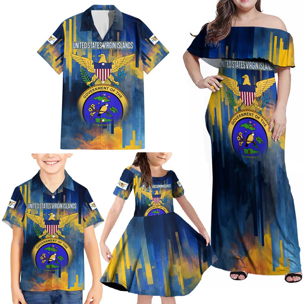 United States Virgin Islands Family Matching Off Shoulder Maxi Dress and Hawaiian Shirt with Blue Yellow Government Seal Design and Bald Eagle - Wonder Print Shop