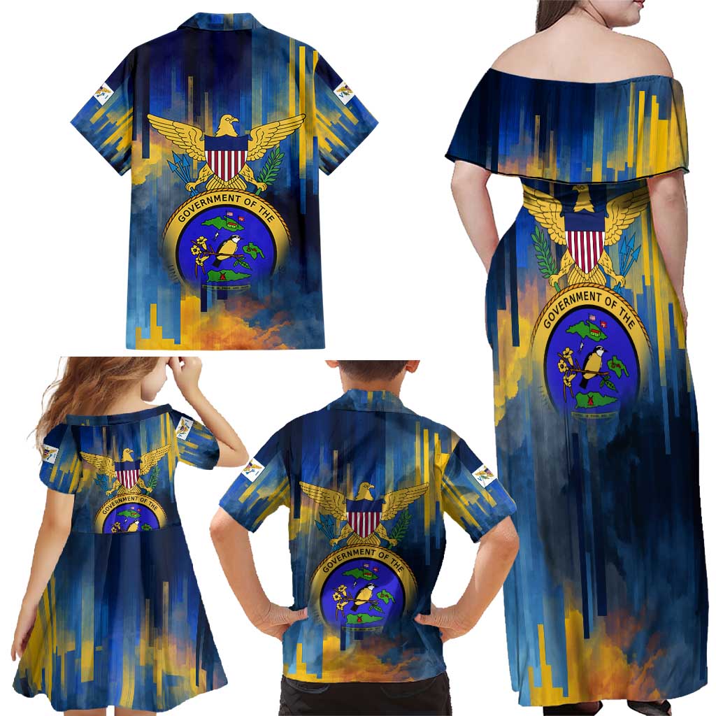 United States Virgin Islands Family Matching Off Shoulder Maxi Dress and Hawaiian Shirt with Blue Yellow Government Seal Design and Bald Eagle - Wonder Print Shop