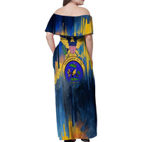 United States Virgin Islands Family Matching Off Shoulder Maxi Dress and Hawaiian Shirt with Blue Yellow Government Seal Design and Bald Eagle - Wonder Print Shop
