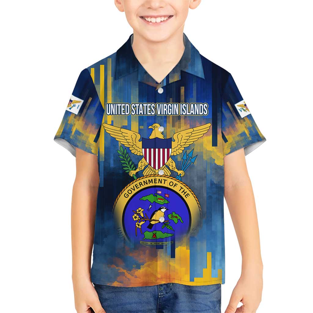 United States Virgin Islands Family Matching Off Shoulder Maxi Dress and Hawaiian Shirt with Blue Yellow Government Seal Design and Bald Eagle - Wonder Print Shop